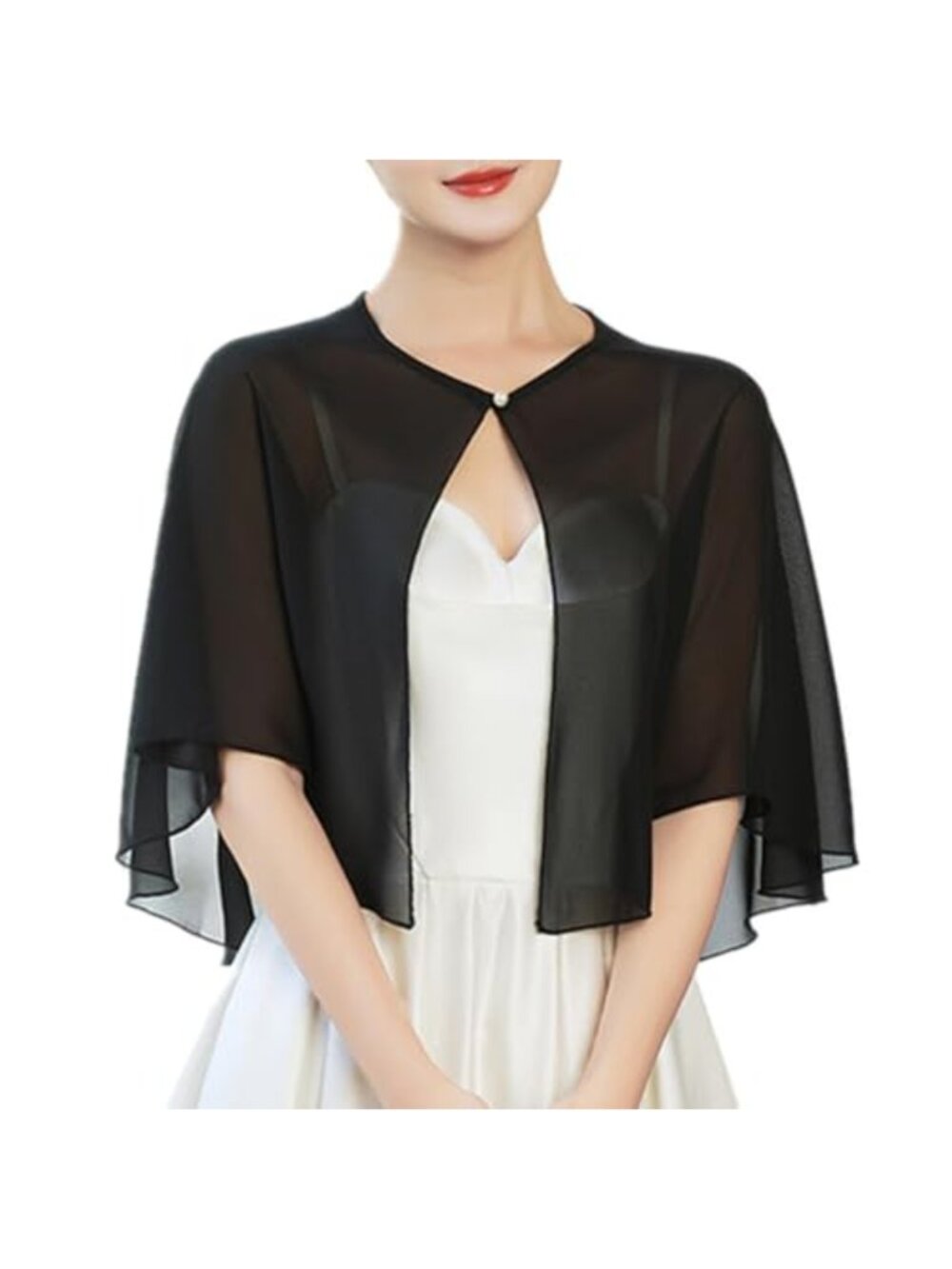 Chiffon Cape Shawl Pearl Buckle Open Front Wrap Sheer Cardigan Bridal Shoulder
